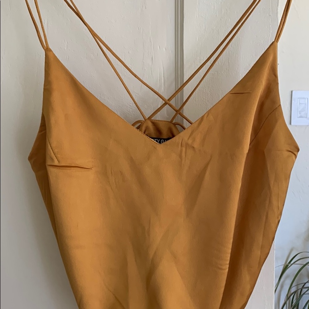 Nastygal gold silk bodysuit spaghetti strap top